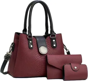Women 3pcs Handbags and Purses Set Soft Faux Leather Totes Satchel Clutch Wallet Card Holder Burgundy