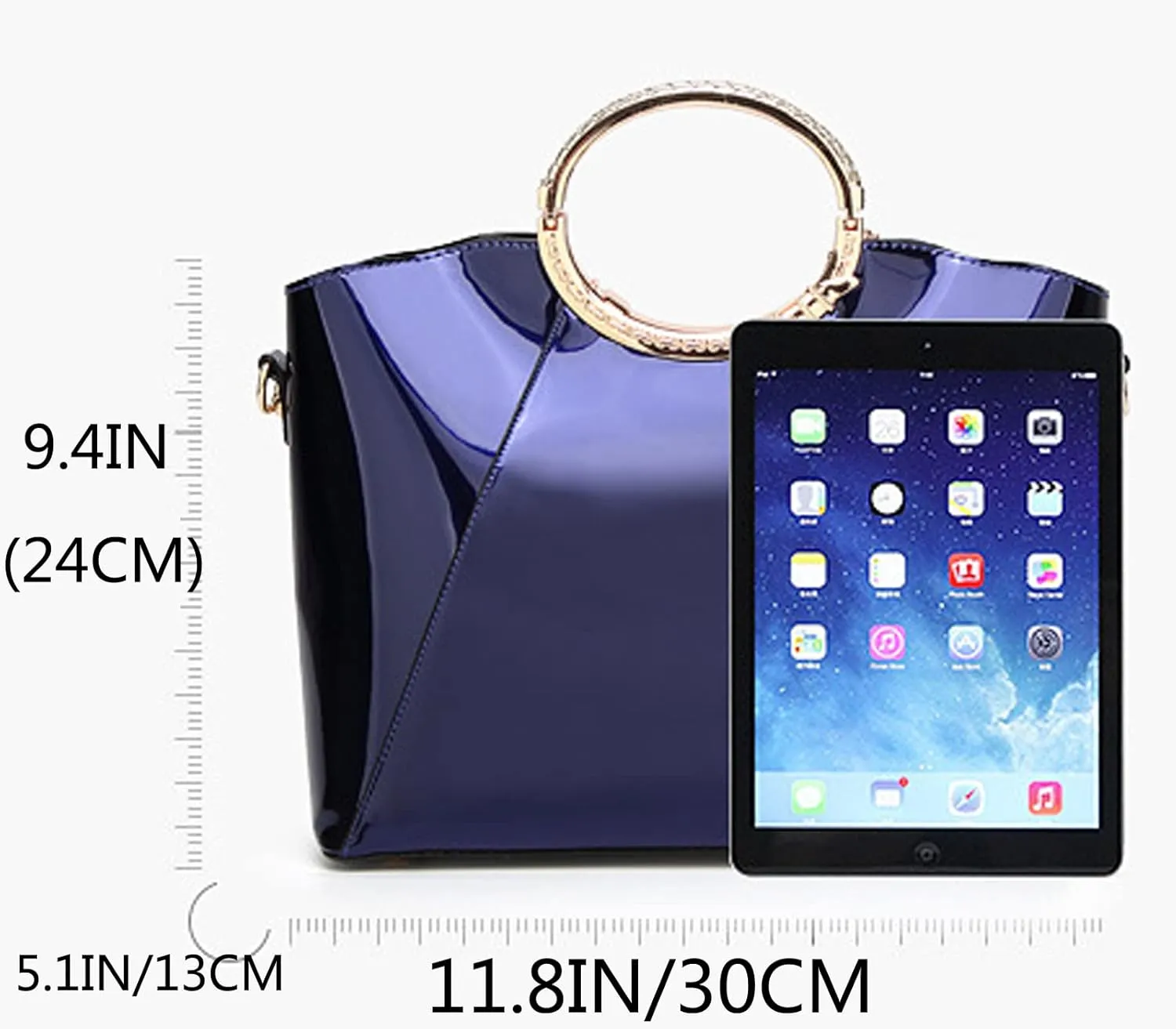 Women Purse Top-handle Bag Glossy Patent PU Leather Shoulder Bags Satchel Flower Pendant Handbag
