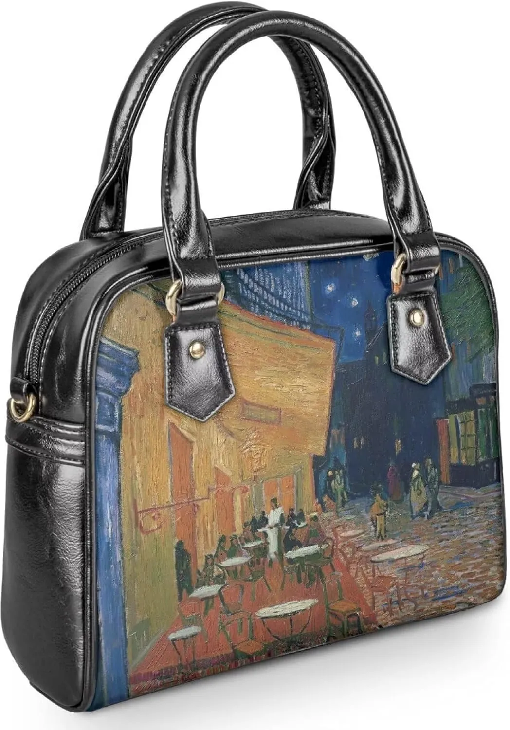 Women Saddle Shoulder Bag Oil Painting Printed Tote Saddle Purses PU Leather Shoulder Bags with Strap