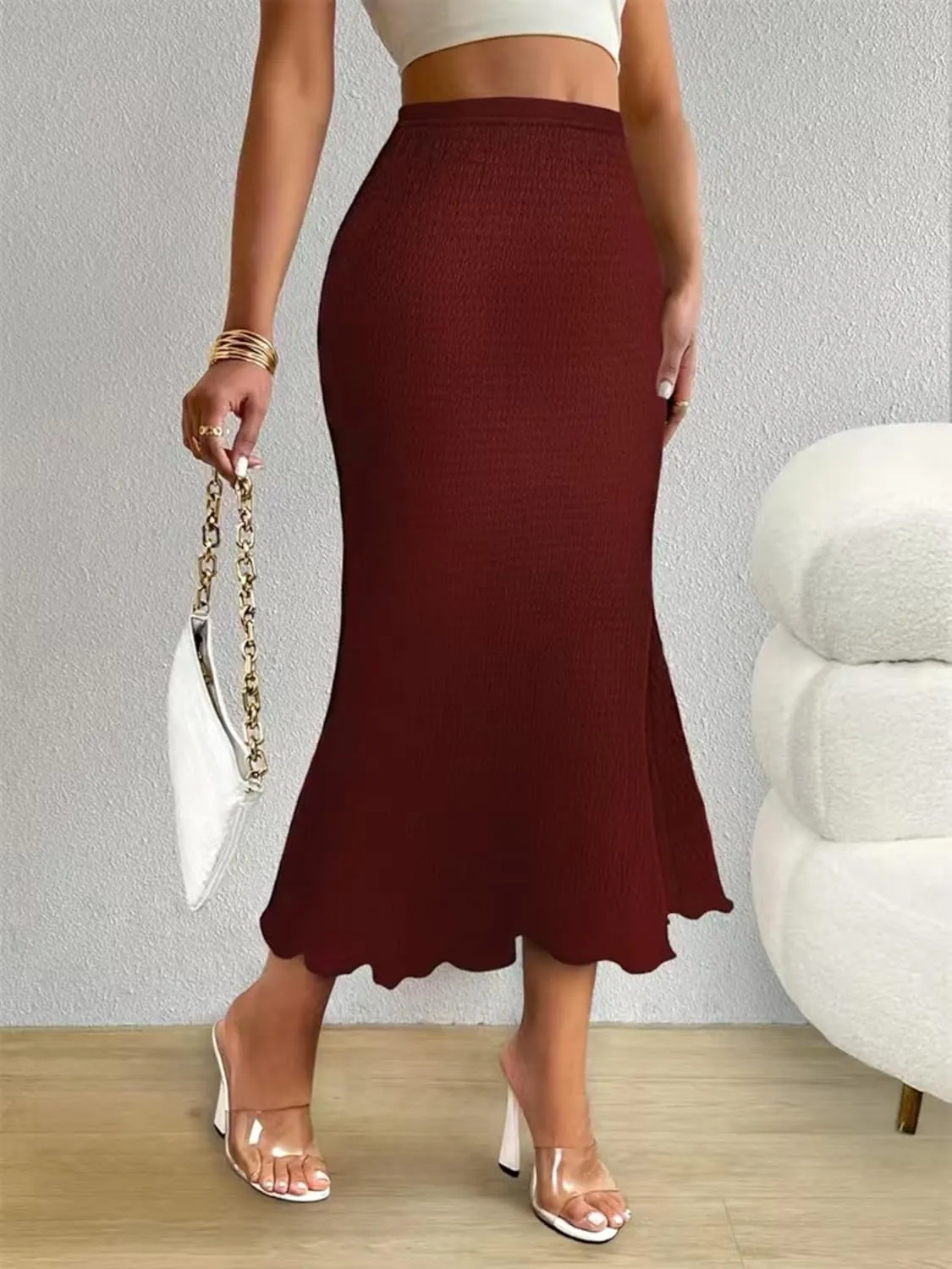 Women's Elastic Mermaid Ribbed Knit High Waisted Sexy Bodycon Plus Size Midi Long Skirt