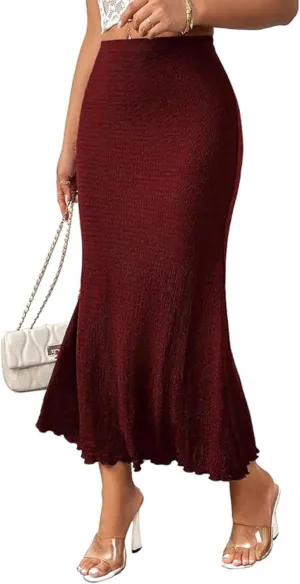 Women's Elastic Mermaid Ribbed Knit High Waisted Sexy Bodycon Plus Size Midi Long Skirt