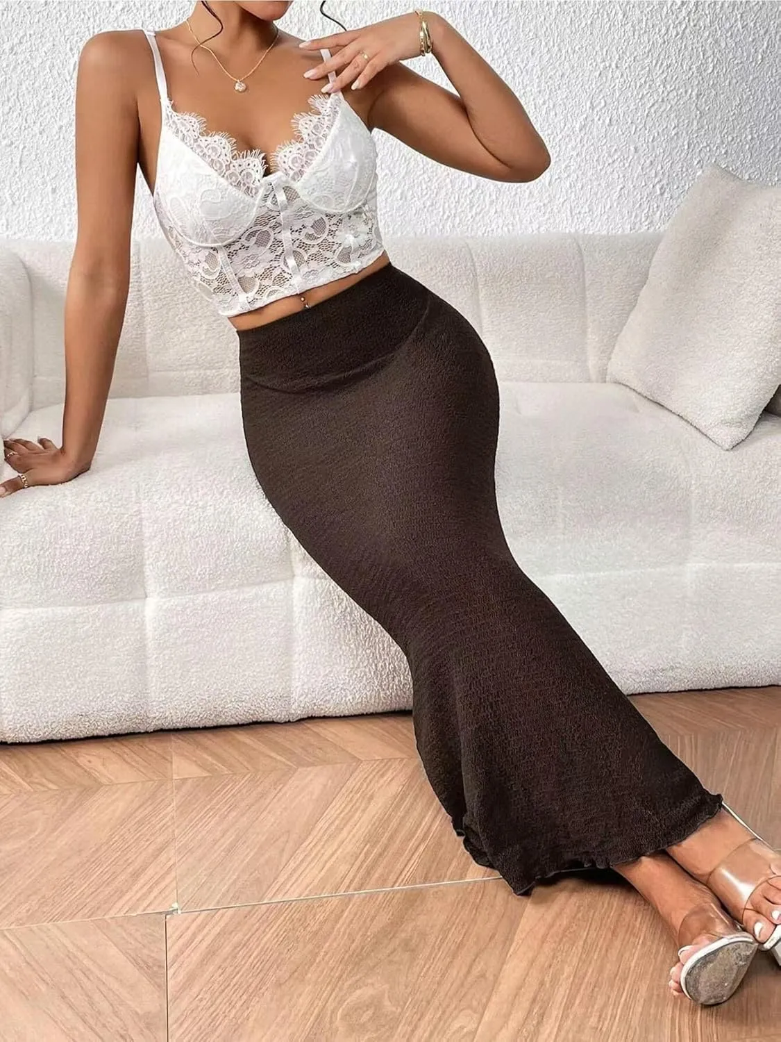 Women's Elastic Mermaid Ribbed Knit High Waisted Sexy Bodycon Plus Size Midi Long Skirt