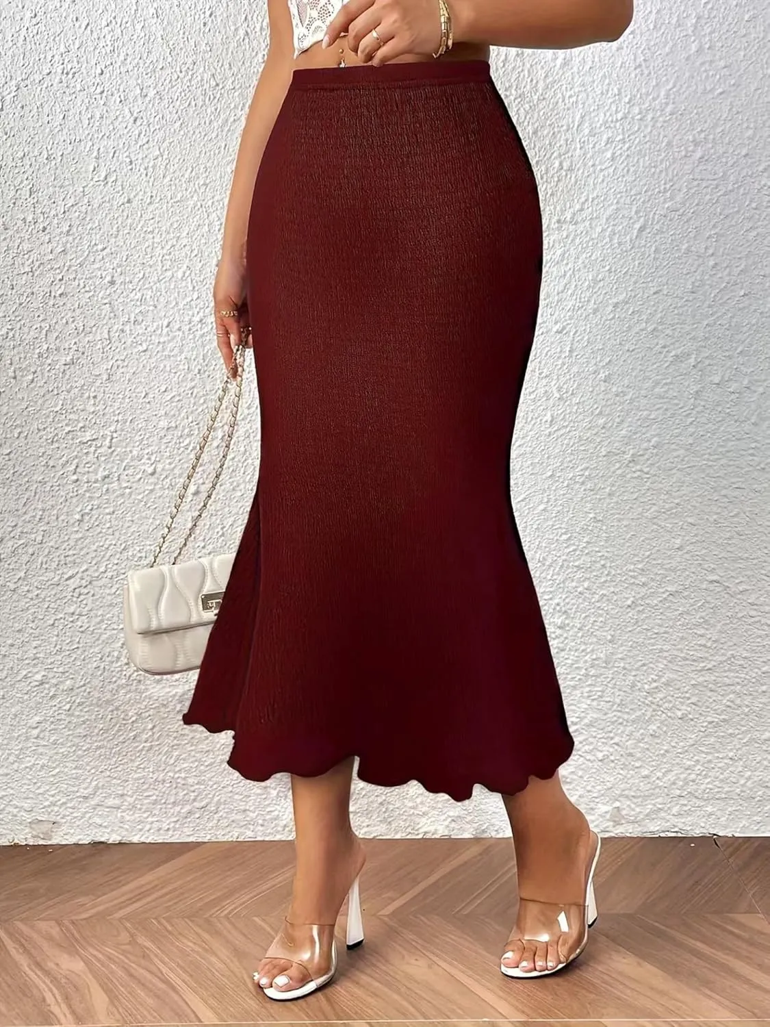 Women's Elastic Mermaid Ribbed Knit High Waisted Sexy Bodycon Plus Size Midi Long Skirt