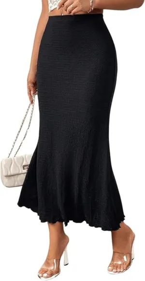 Women's Elastic Mermaid Ribbed Knit High Waisted Sexy Bodycon Plus Size Midi Long Skirt