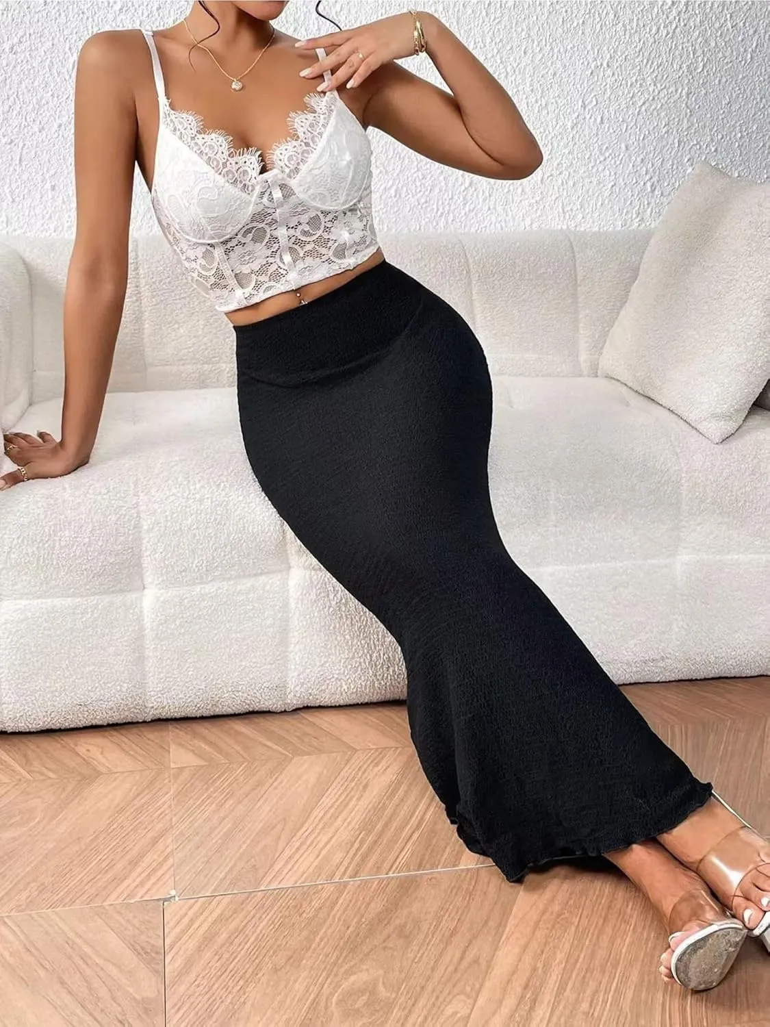 Women's Elastic Mermaid Ribbed Knit High Waisted Sexy Bodycon Plus Size Midi Long Skirt
