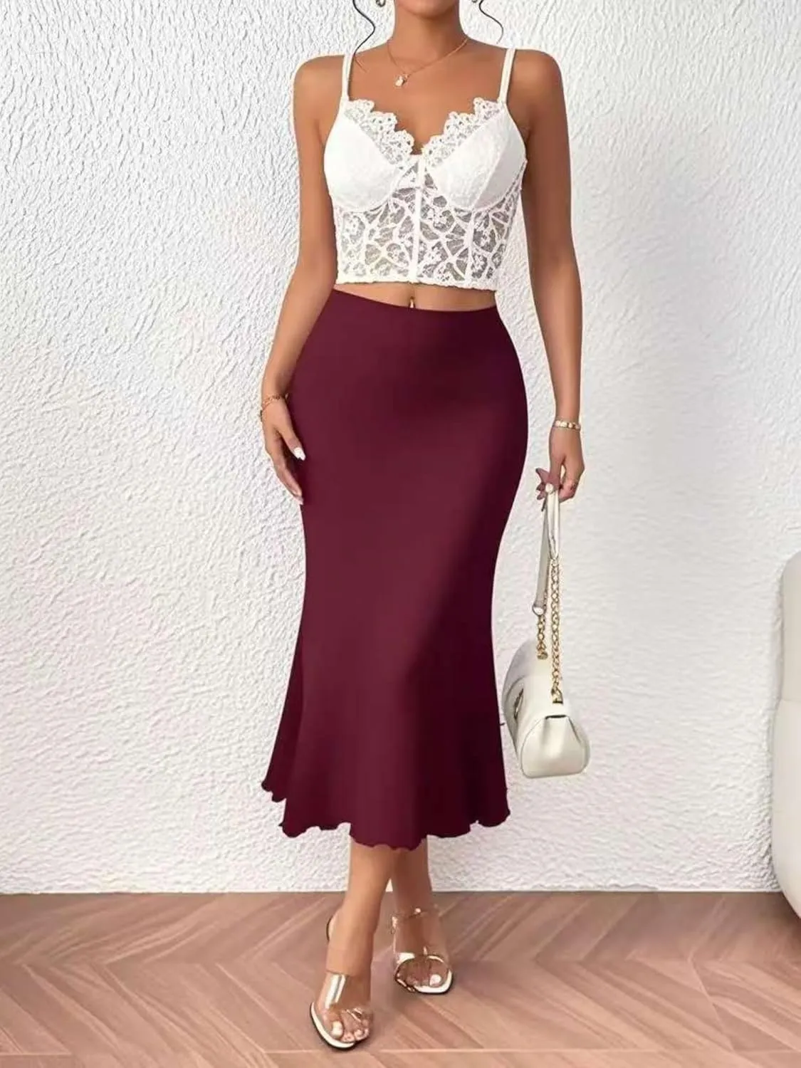 Women's Elastic Mermaid Ribbed Knit High Waisted Sexy Bodycon Plus Size Midi Long Skirt