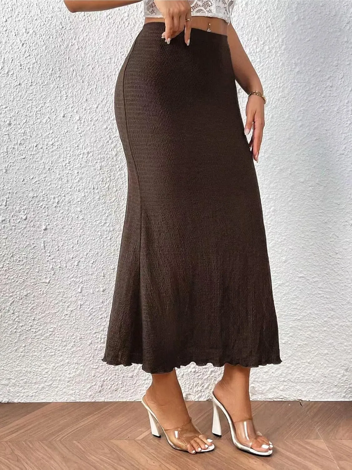 Women's Elastic Mermaid Ribbed Knit High Waisted Sexy Bodycon Plus Size Midi Long Skirt