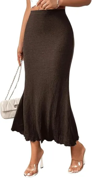 Women's Elastic Mermaid Ribbed Knit High Waisted Sexy Bodycon Plus Size Midi Long Skirt