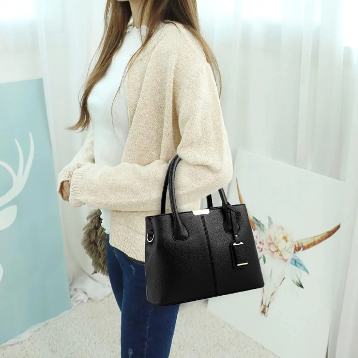 Womens Handbags and Purses Fashion Top Handle Satchel Tote PU Leather Shoulder Bags(Black