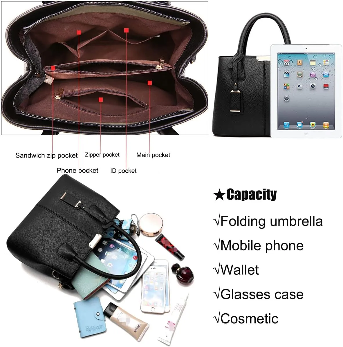 Womens Handbags and Purses Fashion Top Handle Satchel Tote PU Leather Shoulder Bags(Black