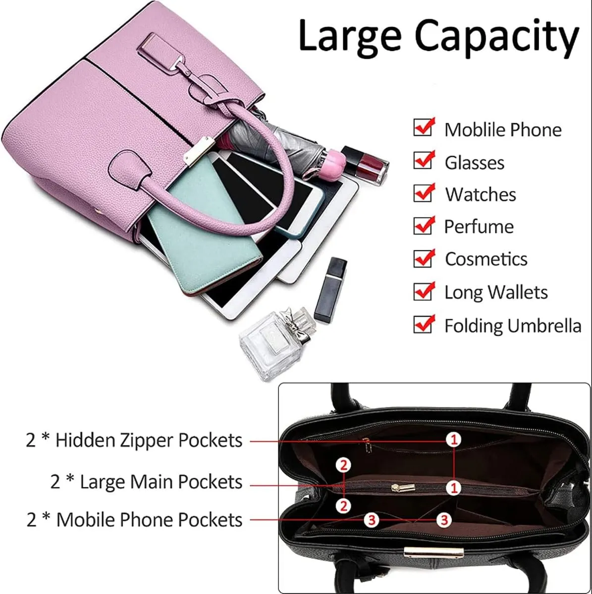 Womens Handbags and Purses Fashion Top Handle Satchel Tote PU Leather Shoulder Bags(Black