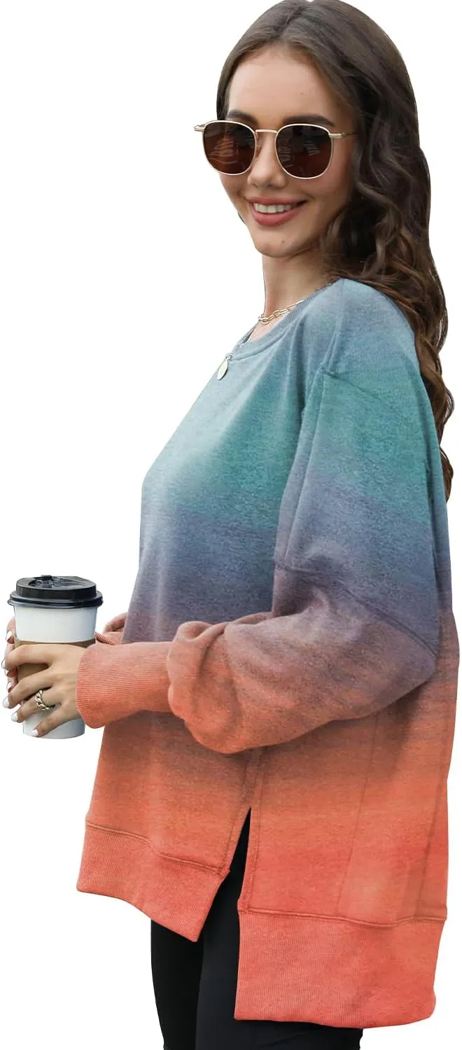 Womens Oversized Sweatshirts Crew Neck Long Sleeve Hoodies Casual Slit Sloucthy 2024 Trendy Pullover Clothes