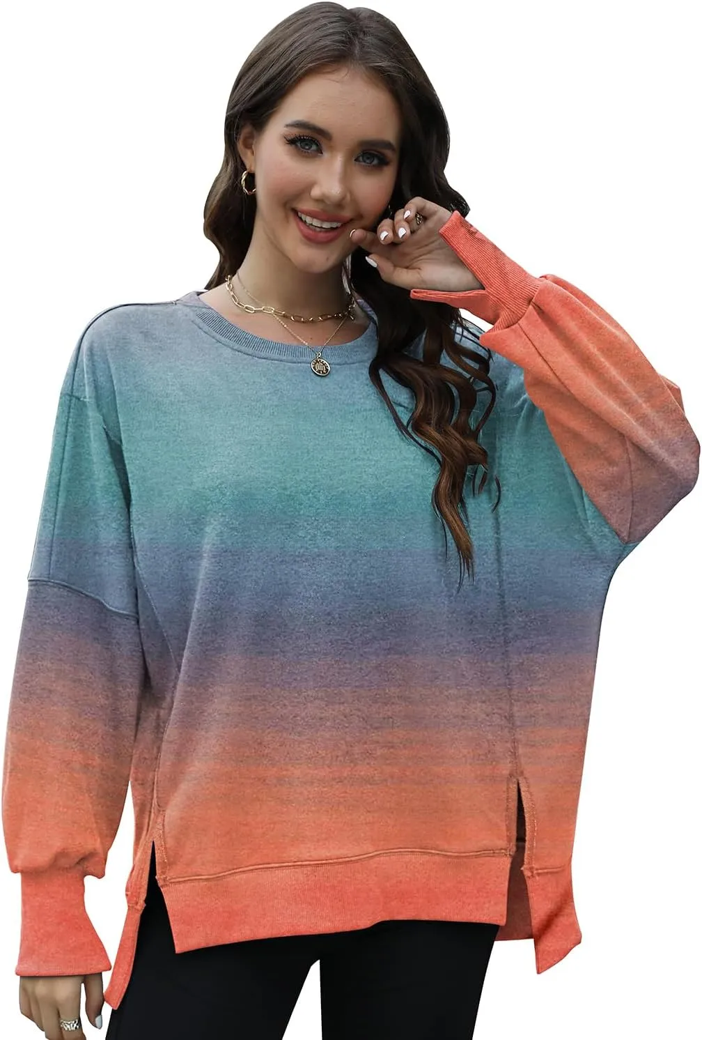 Womens Oversized Sweatshirts Crew Neck Long Sleeve Hoodies Casual Slit Sloucthy 2024 Trendy Pullover Clothes