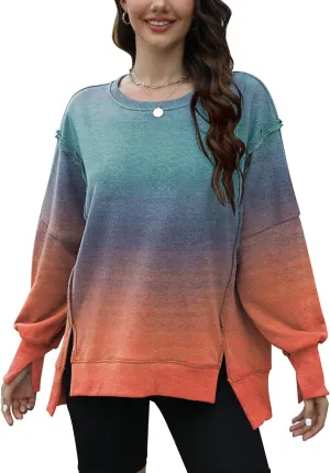 Womens Oversized Sweatshirts Crew Neck Long Sleeve Hoodies Casual Slit Sloucthy 2024 Trendy Pullover Clothes