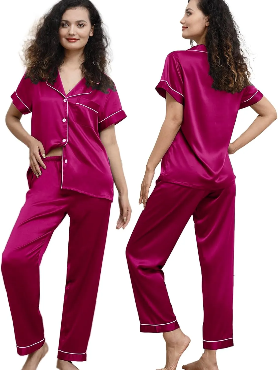 Womens Pajamas Set XS-3XL Floral Silk Satin Pajama Sets Silky Pj Sets 2Pcs Loungewear Sleepwear Button Down Pjs