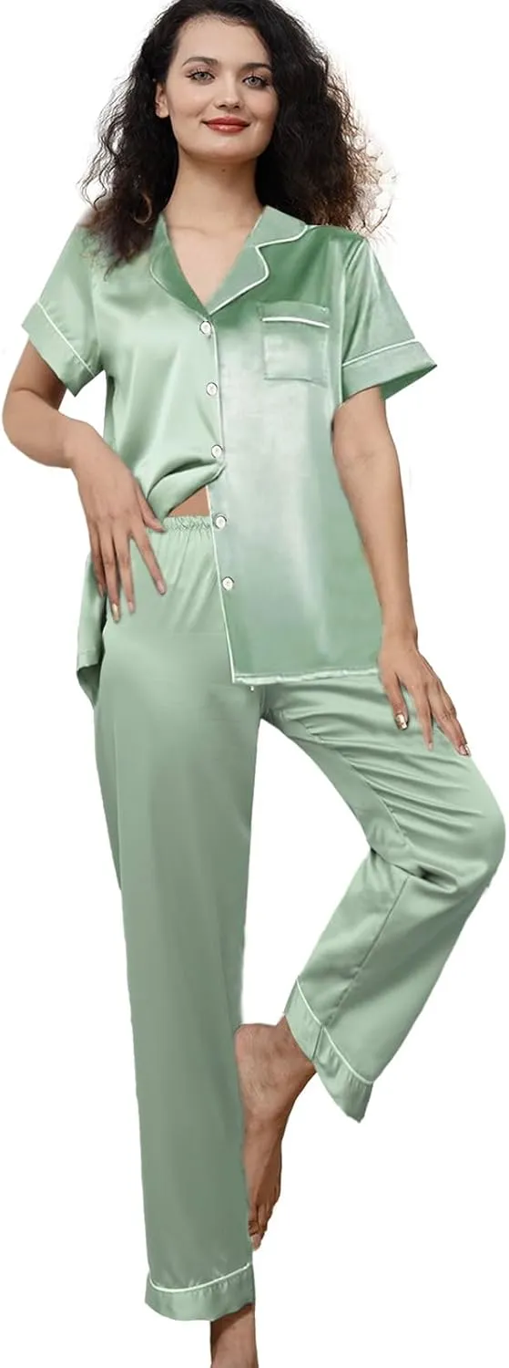 Womens Pajamas Set XS-3XL Floral Silk Satin Pajama Sets Silky Pj Sets 2Pcs Loungewear Sleepwear Button Down Pjs