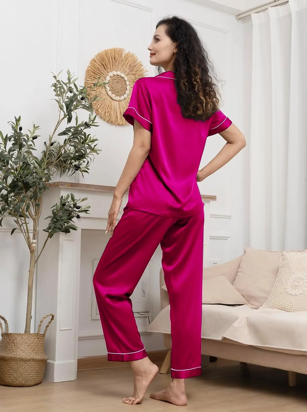 Womens Pajamas Set XS-3XL Floral Silk Satin Pajama Sets Silky Pj Sets 2Pcs Loungewear Sleepwear Button Down Pjs
