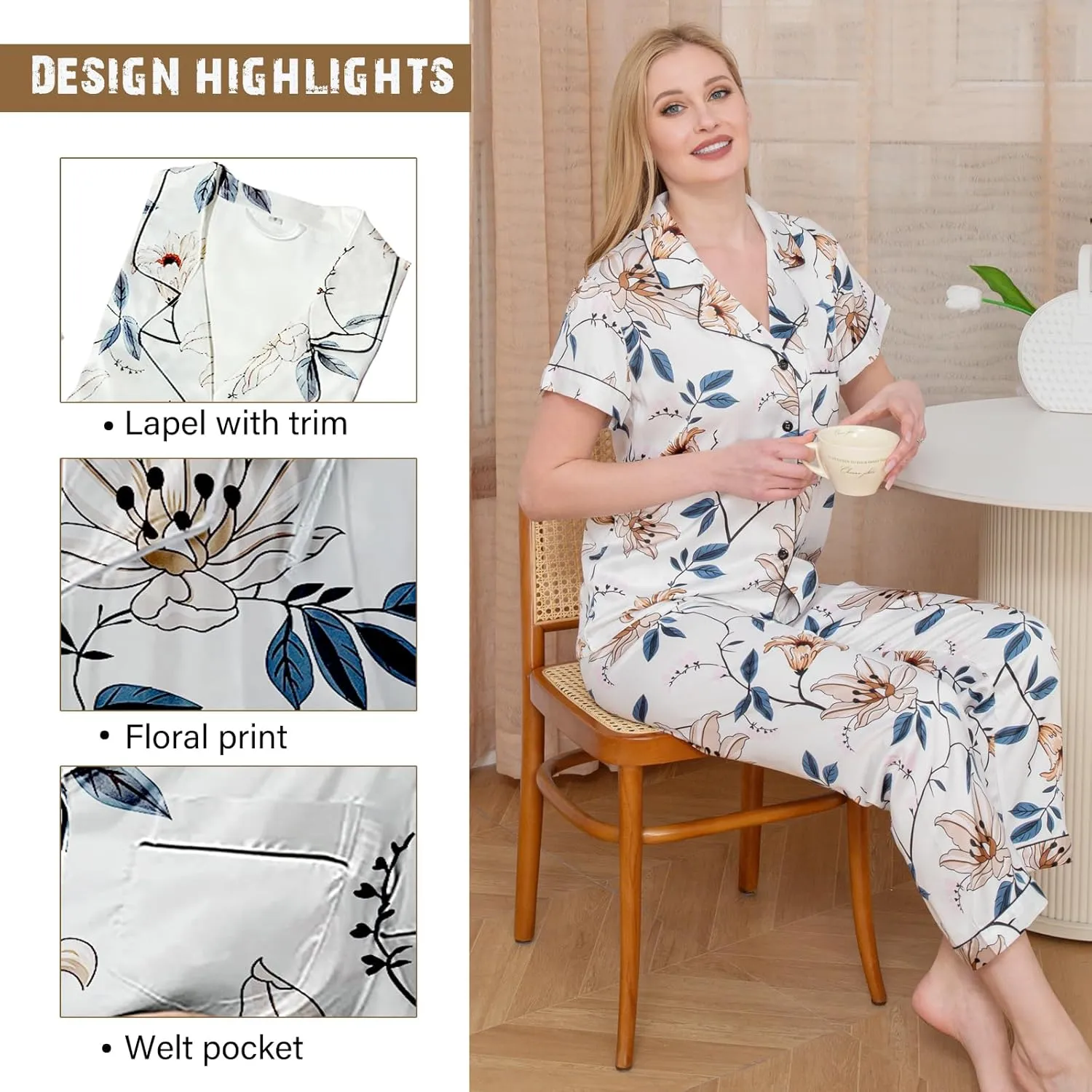 Womens Pajamas Set XS-3XL Floral Silk Satin Pajama Sets Silky Pj Sets 2Pcs Loungewear Sleepwear Button Down Pjs
