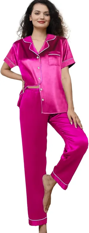 Womens Pajamas Set XS-3XL Floral Silk Satin Pajama Sets Silky Pj Sets 2Pcs Loungewear Sleepwear Button Down Pjs