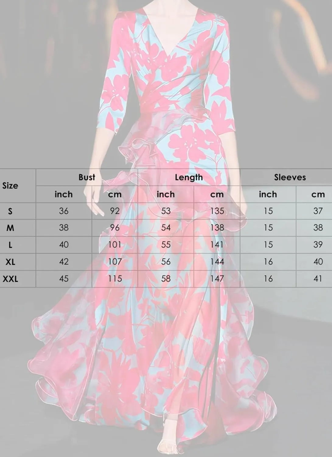 Womens V Neck 3/4 Sleeve Floral Printed Cascading Ruffle Train Maxi Dress