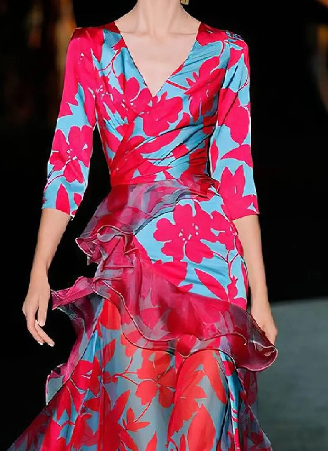 Womens V Neck 3/4 Sleeve Floral Printed Cascading Ruffle Train Maxi Dress