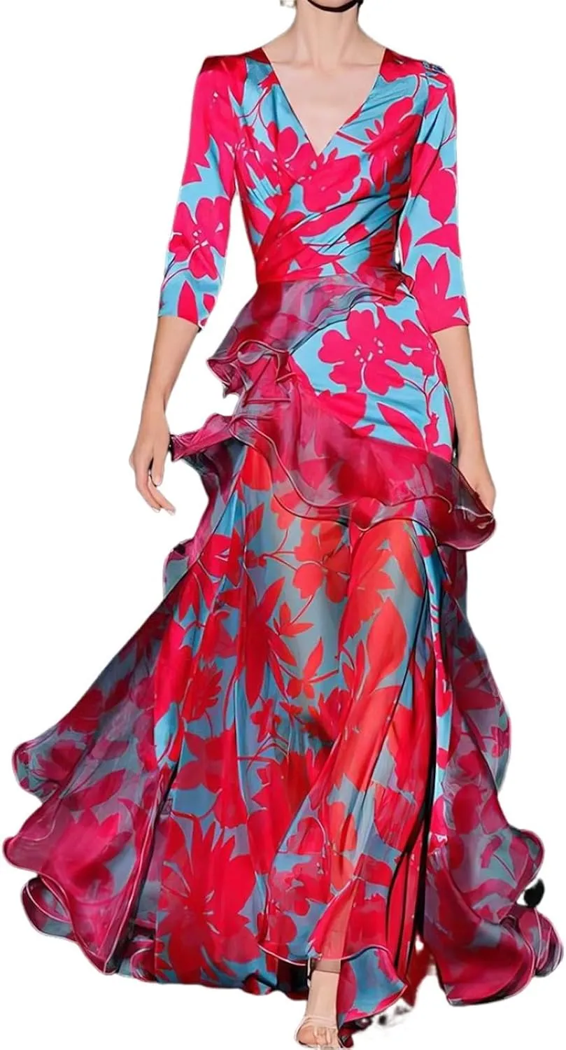 Womens V Neck 3/4 Sleeve Floral Printed Cascading Ruffle Train Maxi Dress