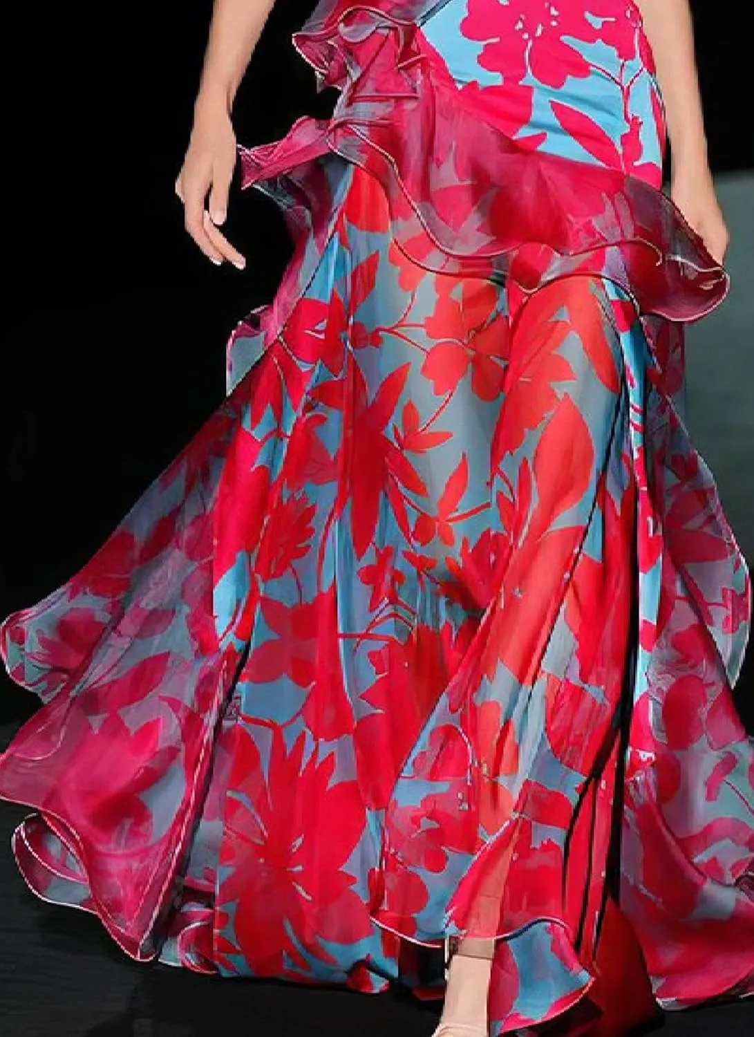 Womens V Neck 3/4 Sleeve Floral Printed Cascading Ruffle Train Maxi Dress