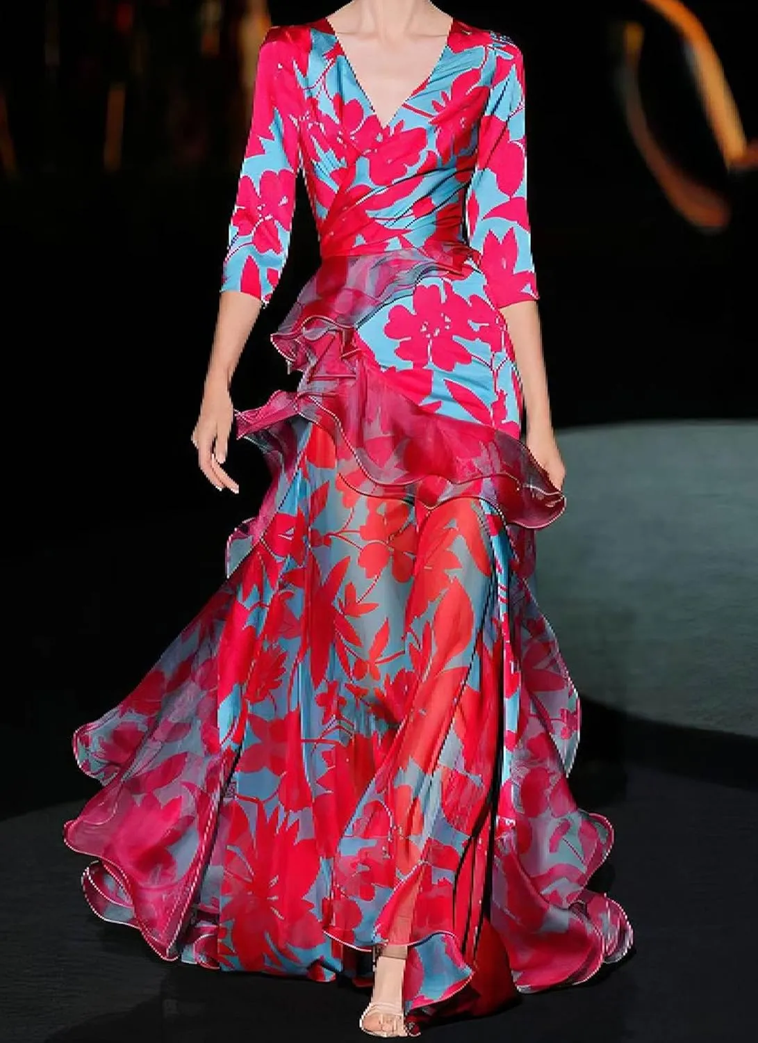 Womens V Neck 3/4 Sleeve Floral Printed Cascading Ruffle Train Maxi Dress