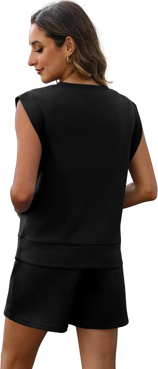 XIEERDUO Women's 2 Piece Cap Sleeve Short Sets Fashion Travel Outfits Comfy Airport Lounge Set Loose Loungewear