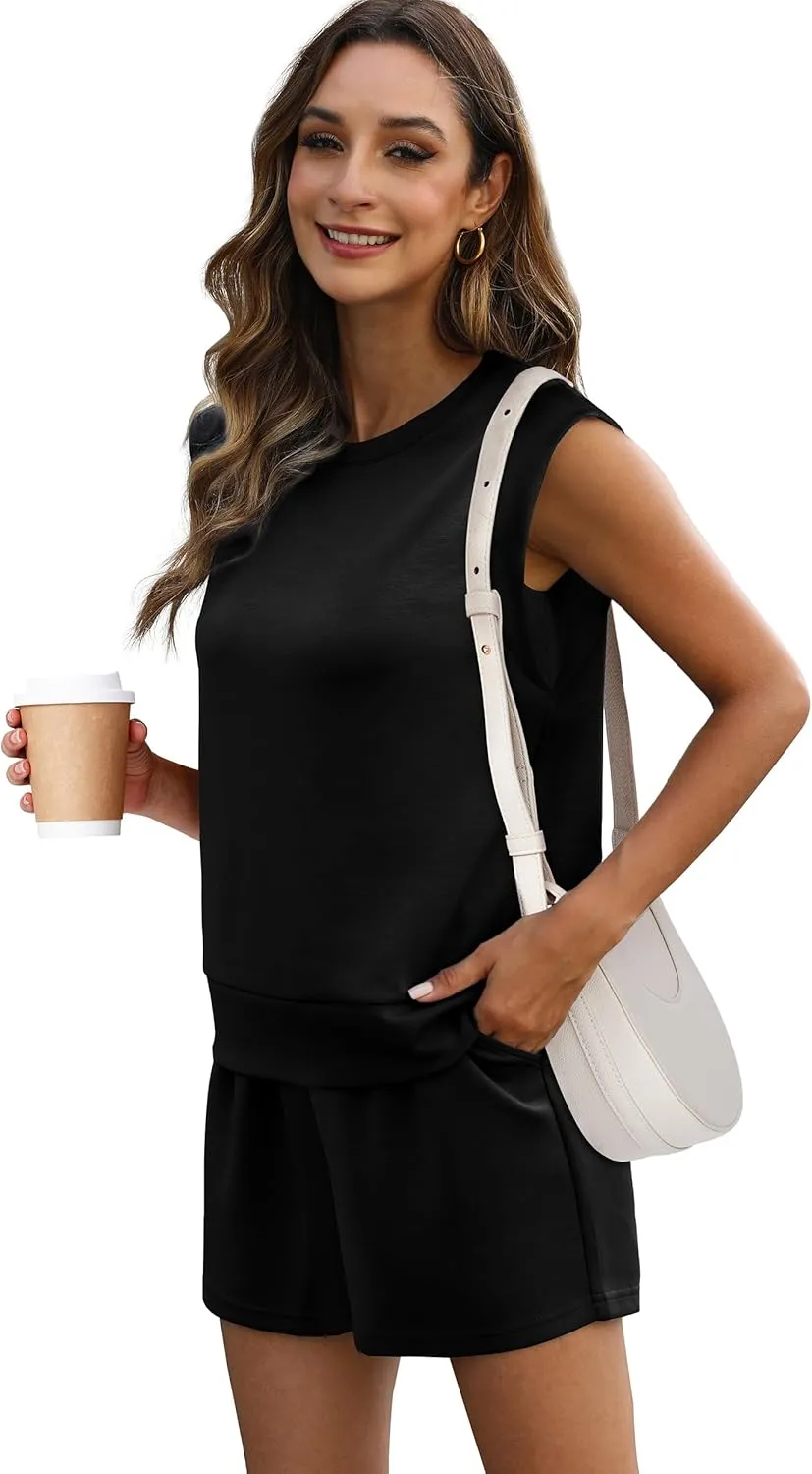 XIEERDUO Women's 2 Piece Cap Sleeve Short Sets Fashion Travel Outfits Comfy Airport Lounge Set Loose Loungewear