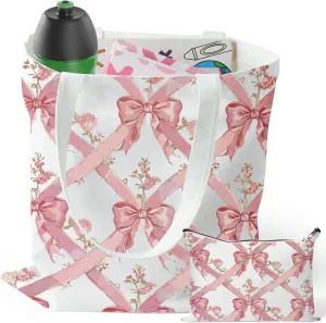Y1tvei Coquette Bow Tote Bag - 2Pcs Aesthetic Pink Bow Floral Makeup Bag Set, Cute Pink Bow Canvas Tote Bag, Foldable Reusable Grocery Folding Shopping Bag, Coquette Stuff Zipper Pouch Gifts for Women