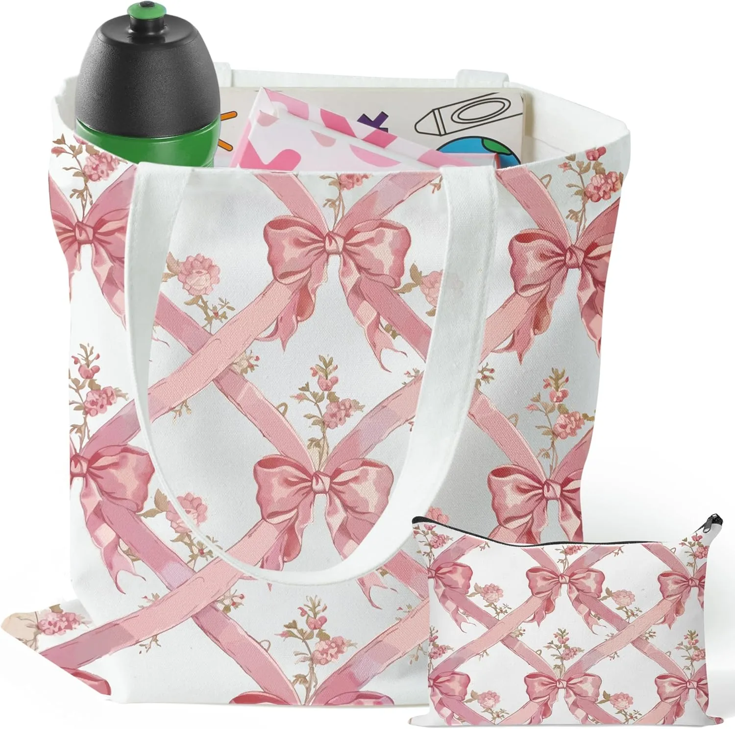 Y1tvei Coquette Bow Tote Bag - 2Pcs Aesthetic Pink Bow Floral Makeup Bag Set, Cute Pink Bow Canvas Tote Bag, Foldable Reusable Grocery Folding Shopping Bag, Coquette Stuff Zipper Pouch Gifts for Women