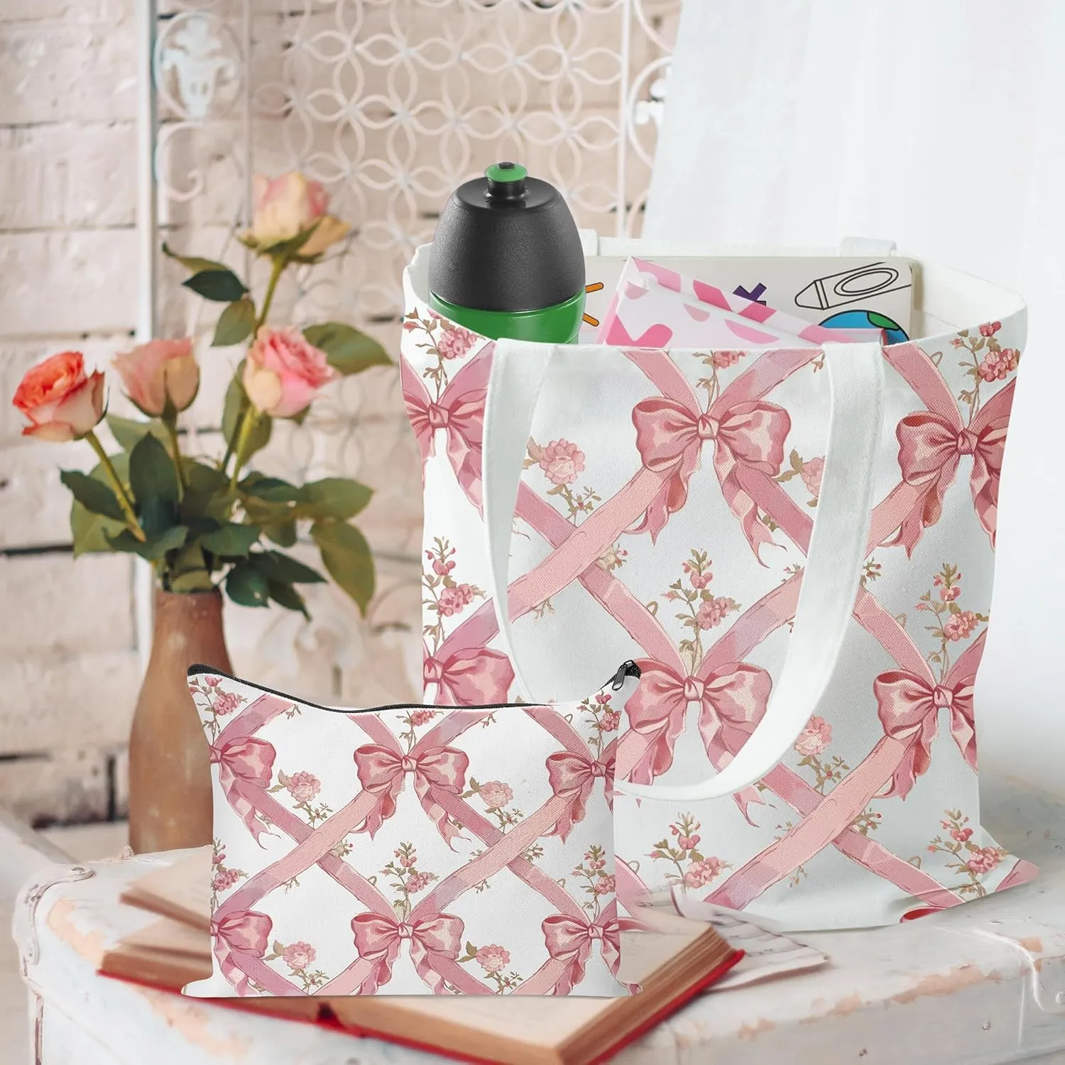 Y1tvei Coquette Bow Tote Bag - 2Pcs Aesthetic Pink Bow Floral Makeup Bag Set, Cute Pink Bow Canvas Tote Bag, Foldable Reusable Grocery Folding Shopping Bag, Coquette Stuff Zipper Pouch Gifts for Women