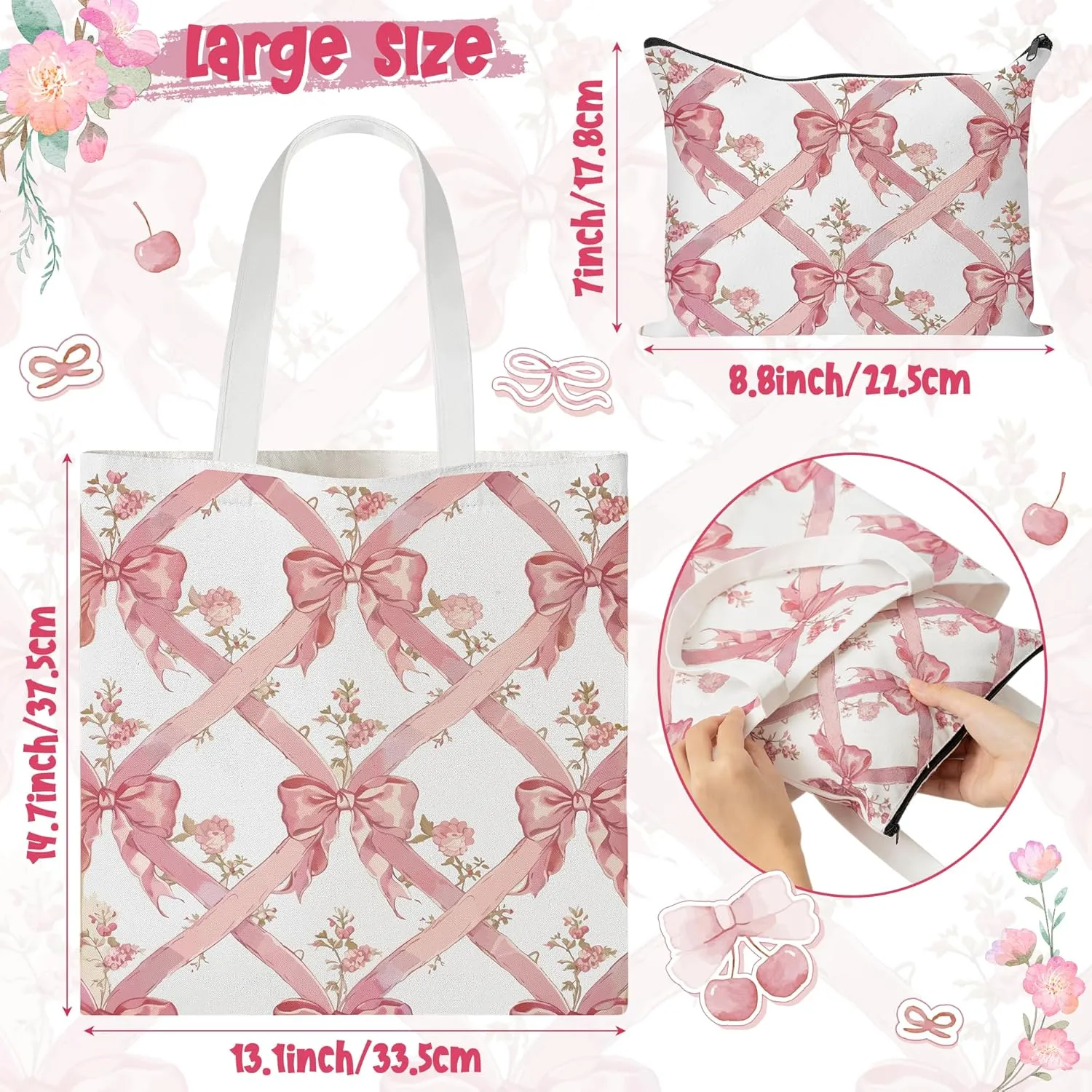 Y1tvei Coquette Bow Tote Bag - 2Pcs Aesthetic Pink Bow Floral Makeup Bag Set, Cute Pink Bow Canvas Tote Bag, Foldable Reusable Grocery Folding Shopping Bag, Coquette Stuff Zipper Pouch Gifts for Women
