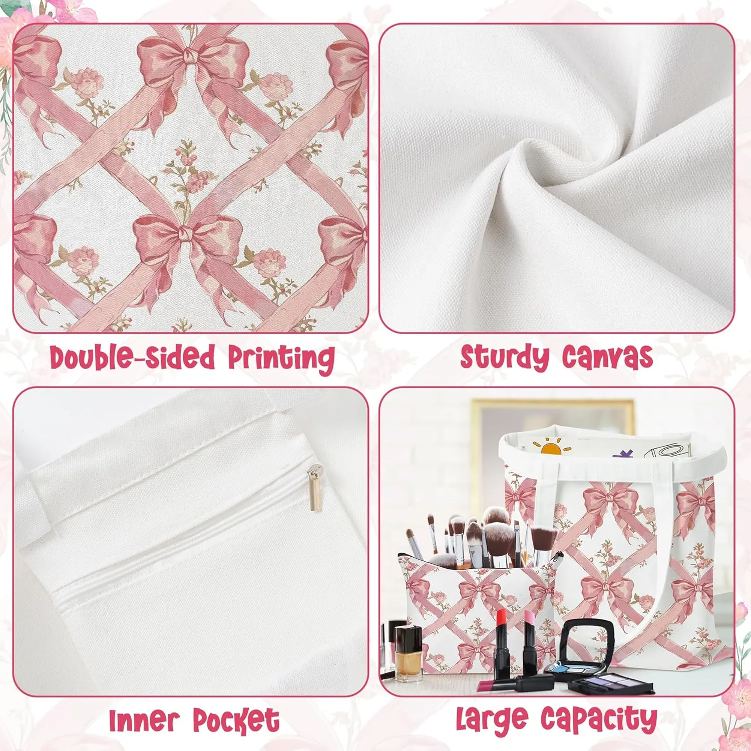 Y1tvei Coquette Bow Tote Bag - 2Pcs Aesthetic Pink Bow Floral Makeup Bag Set, Cute Pink Bow Canvas Tote Bag, Foldable Reusable Grocery Folding Shopping Bag, Coquette Stuff Zipper Pouch Gifts for Women