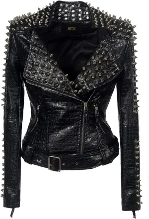 ZJX Women's classic spike personality punk Motorcycle Jacket Large upscale Sexy Leather Jacket (2XL, Black)