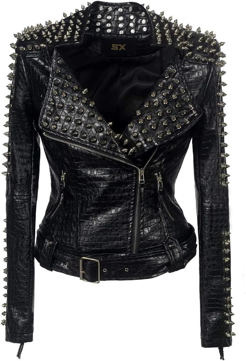 ZJX Women's classic spike personality punk Motorcycle Jacket Large upscale Sexy Leather Jacket (2XL, Black)
